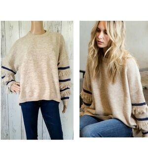 Hem & Thread beige knit sweater with navy stripes and adorable fringe. Size M
